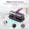 A handheld vacuum cleaner is shown on a white surface, possibly a bed, with illustrations of what it can clean. Produktbild-Vorschau