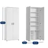 A white two-door cabinet is shown from the front and side, with dimensions indicated. Voir les images du produit