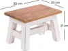 A small wooden stool with a wooden top and white painted legs, shown with dimensions indicated by lines and text. Produktbild-Vorschau