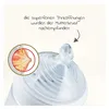A close-up of a baby bottle nipple with an inset diagram of a human breast. Produktbild-Vorschau