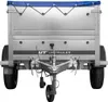 Front view of a new trailer with a blue tarp. Produktbild-Vorschau