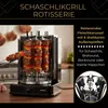 A rotisserie grill with meat skewers is shown in a kitchen setting, with text describing its features. Náhled obrázku produktu