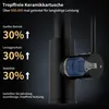 A close-up of a black kitchen faucet with a cutaway view showing the ceramic cartridge, accompanied by marketing text highlighting features and benefits. Podgląd zdjęcia produktu