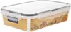 A clear, well-lit studio shot of a rectangular plastic lunchbox with a transparent lid and a decorative band around the sides. Produktbild-Vorschau