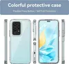 Collage of images showing a clear phone case from different angles, with a phone inside displaying a colorful wallpaper. Produktbild-Vorschau