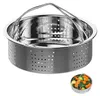 A stainless steel steamer basket with handles, shown from a slightly elevated angle. A small inset image shows the basket filled with vegetables. Produktbild-Vorschau