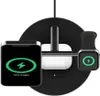A black wireless charging stand with a smartphone, wireless earbuds case, and a smartwatch placed on it. Produktbild-Vorschau