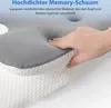 A hand pressing into a gray memory foam pillow, showing its softness and elasticity. Produktbild-Vorschau