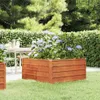 A garden scene with a wooden planter box filled with hydrangeas, a table and chairs in the background, and a hedge and trees behind. Voir les images du produit