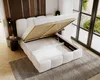 A bedroom scene with a bed that has its storage compartment open, revealing the interior. The bed is upholstered in a textured boucle fabric. Náhľad obrázku produktu
