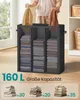 A person is shown placing folded clothes into a multi-compartment laundry basket. The basket is filled with neatly folded laundry. Below the basket, there are illustrations of stacks of folded towels and clothes with quantity estimates. Produktbild-Vorschau