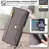 A close-up of a grey smartphone case with a zipper and a strap, placed on a wooden surface. Several smaller inset images highlight product features and branding. Produktbild-Vorschau