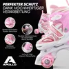 A close-up marketing image of pink and white children's roller skates, with text overlays highlighting features. Produktbild-Vorschau