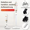 Weißer und oranger kabelloser Stabstaubsauger mit verschiedenen Aufsätzen in einer Collage Produktbild-Vorschau