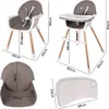 Multiple views and dimensions of a baby high chair and its components. Voir les images du produit