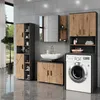 A modern bathroom vanity and laundry area with a washing machine and sink. Voir les images du produit