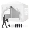 A person is shown setting up a white gazebo with curtains and windows. Accessories for the gazebo are laid out in front. Produktbild-Vorschau
