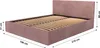 A pink upholstered bed frame with a headboard and wooden slats, shown with dimensions indicated by measurement lines and text. Produktbild-Vorschau
