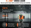 A laser level device is shown in a large, empty warehouse with green laser lines projected onto the walls and ceiling. Náhled obrázku produktu