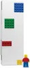 A white pencil case with Lego-style building blocks attached and a Lego minifigure next to it. Produktbild-Vorschau