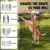 A dog is playing in a metal dog kennel, with diagrams of different kennel shapes on the left side of the image. Produktbild-Vorschau