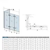 A technical drawing and a size chart for a shower screen. Produktbild-Vorschau