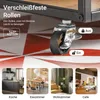 Close-up of a caster wheel with text overlays and four small lifestyle images at the bottom showing different room settings. Voir les images du produit