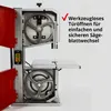 A close-up view of a bandsaw, highlighting its internal components and featuring a text overlay with a checkmark. Produktbild-Vorschau