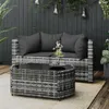 A patio lounge set with a coffee table on a rug in front of a dark wooden wall. Produktbild-Vorschau