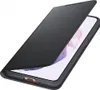 A black flip case for a smartphone is shown with the cover partially open, revealing the phone's screen. Náhled obrázku produktu