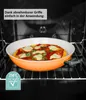 A pizza is being cooked in an orange pan inside an oven. Produktbild-Vorschau