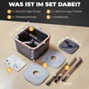 A flat lay of a mop set with a bucket, mop heads, and handle pieces, along with an instruction manual. Dimensions are indicated with lines and text. Produktbild-Vorschau