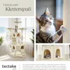 A collage of images showcasing a cat tree with cats, and descriptive text. Voir les images du produit