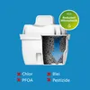 A cutaway view of a water filter cartridge showing the filtration media and an arrow indicating water flow, with marketing text and icons. Produktbild-Vorschau