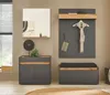 A modern entryway with a gray and wood-tone furniture set including a cabinet, a wall-mounted shelf with hooks, and a storage bench. Produktbild-Vorschau