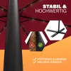 Marketing image for a patio umbrella, highlighting its stability, quality, rust-free aluminum construction, and included stand. It also shows a comparison of rusted vs. non-rusted material. Produktbild-Vorschau