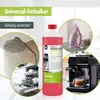 A collage of images showing a bottle of universal descaler and various household appliances it can be used on, such as a shower head, dishwasher, iron, and coffee machine. Produktbild-Vorschau