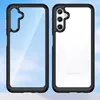 Two views of a clear phone case with a black bumper, shown against a sky background and a white surface. Produktbild-Vorschau