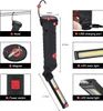 A collage of images showing different features and dimensions of a black LED work light. Produktbild-Vorschau