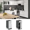 A modern kitchen with white high-gloss cabinets and a dark marble backsplash, featuring a wooden dining table in the foreground. Below the kitchen scene are two separate images of kitchen base cabinets. Produktbild-Vorschau