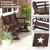 A dark brown wooden rocking chair bench is shown on a patio with plants and brick wall in the background. Inset images highlight features of the chair. Náhľad obrázku produktu