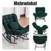 A collage of images showing a green corduroy rocking chair from different angles, with a text overlay at the top. Produktbild-Vorschau