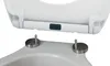 A close-up view of a white toilet seat and toilet bowl with silver hinges. Anteprima dell’immagine prodotto