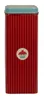 A rectangular metal tin with a red and dark red striped pattern and a teal lid. A circular decal of a cupcake with a cherry on top is centered on the front of the tin. Produktbild-Vorschau