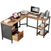 An L-shaped computer desk with shelves and a drawer, set against a white background. Podgląd zdjęcia produktu