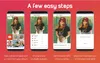 Four phone screens showing a step-by-step guide for using the Frameo app. Produktbild-Vorschau