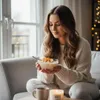 A woman sits on a couch, holding a bowl of cereal and looking down at it. A mug and a lit candle are on a table in front of her. Produktbild-Vorschau