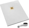 A white shower tray with a gold drain cover and a white drain pipe. Produktbild-Vorschau
