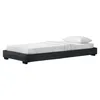 A single bed with white sheets and a white pillow on a black bed frame, isolated on a white background. Produktbild-Vorschau