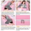 Collage of images showing a pregnant woman using a U-shaped pillow and close-ups of the pillow's features. Produktbild-Vorschau